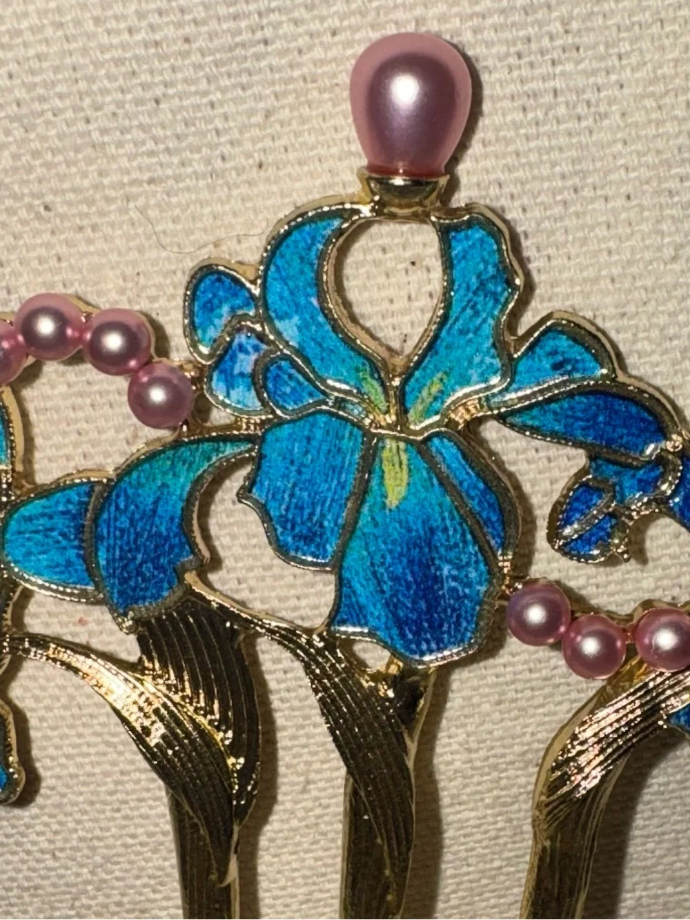 Elegant Blue & Green Enamel & Faux Pink Pearls Floral Gold Tone Metal Hair Fork